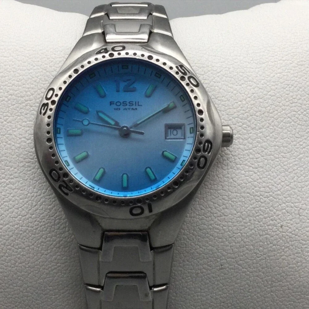 Fossil AM-3528 Womens Watch 29mm Blue Dial Date Stainless New Battery 6.5